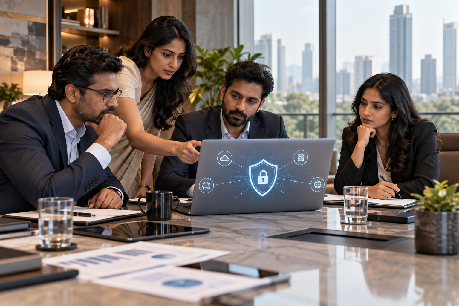 Indian business team reviewing AI data privacy