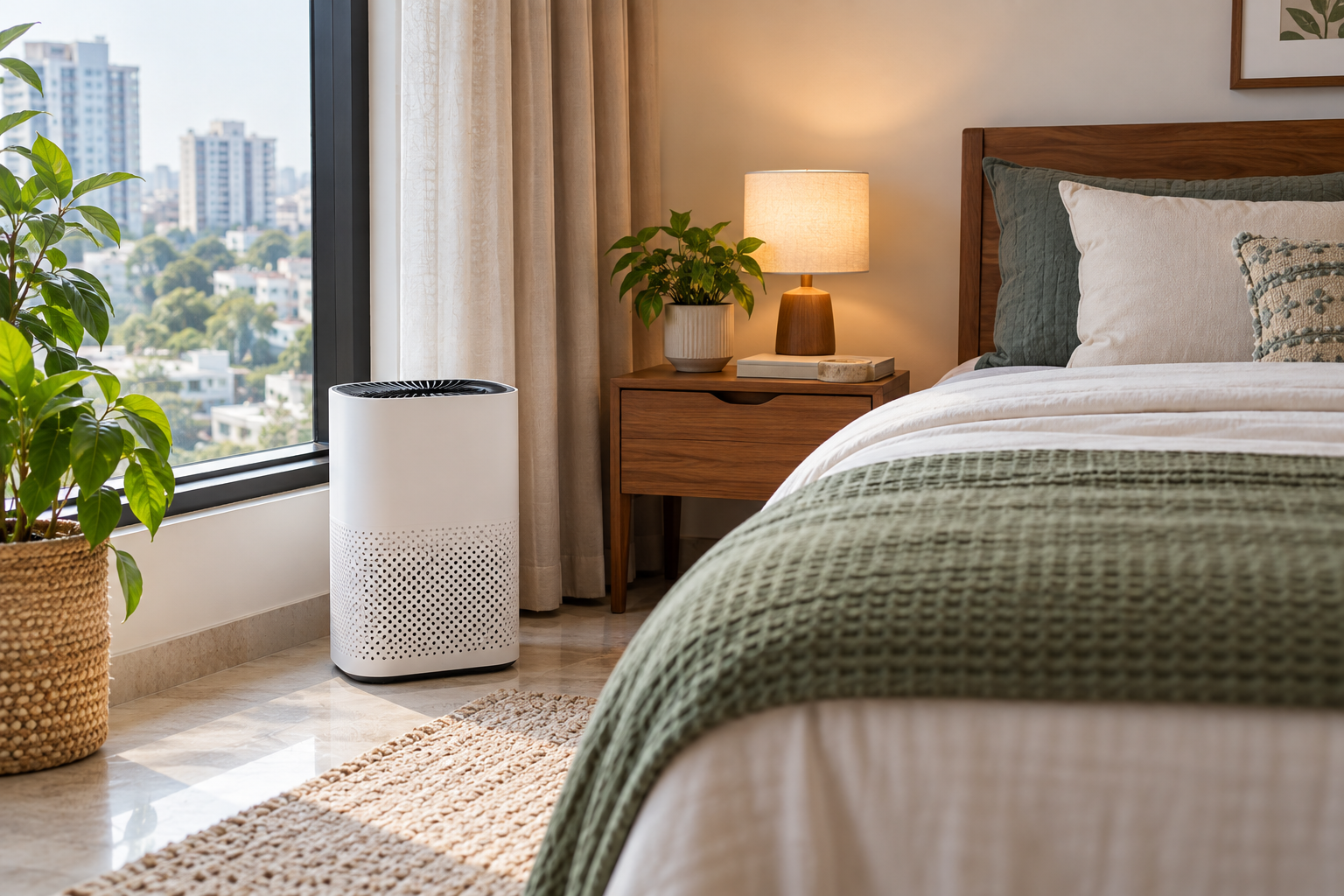 Air purifier placed in a modern Indian bedroom