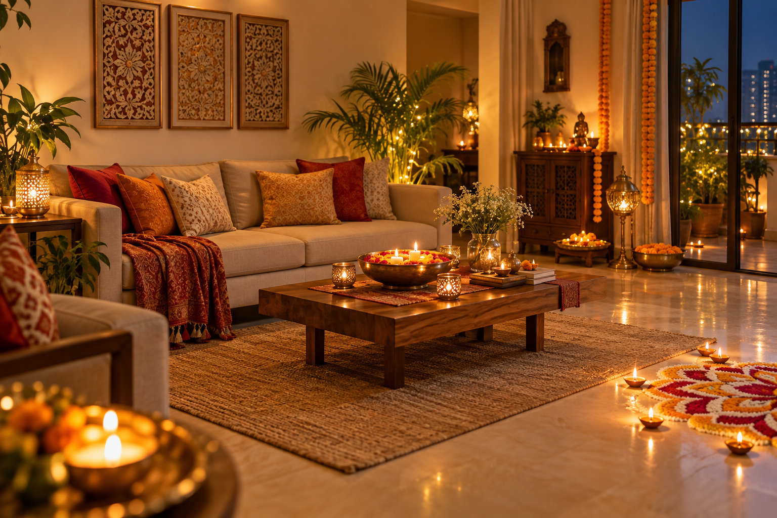 Elegant contemporary Indian living room decorated for Diwali