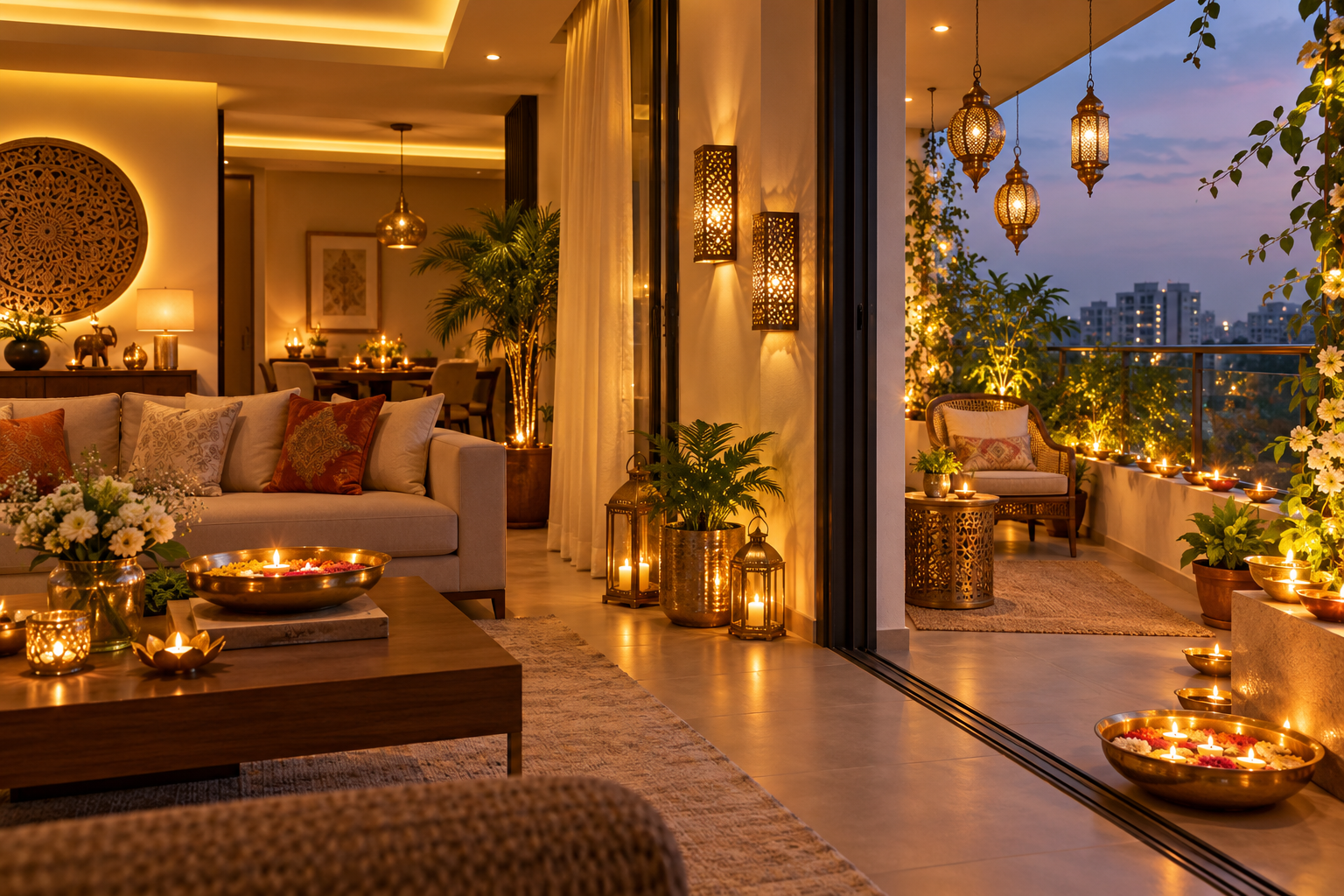 Layered Diwali lighting in a modern Indian apartment