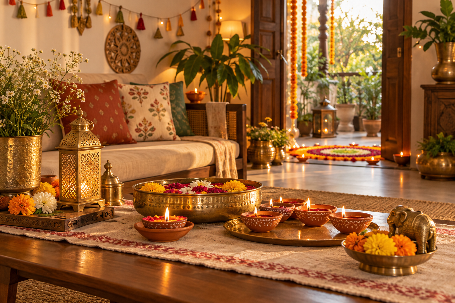 Reusable eco-friendly Diwali decorations in an Indian home