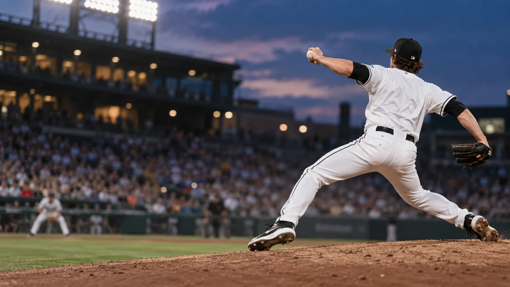 Editorial image of an American left-handed baseball pitcher delivering a pitch