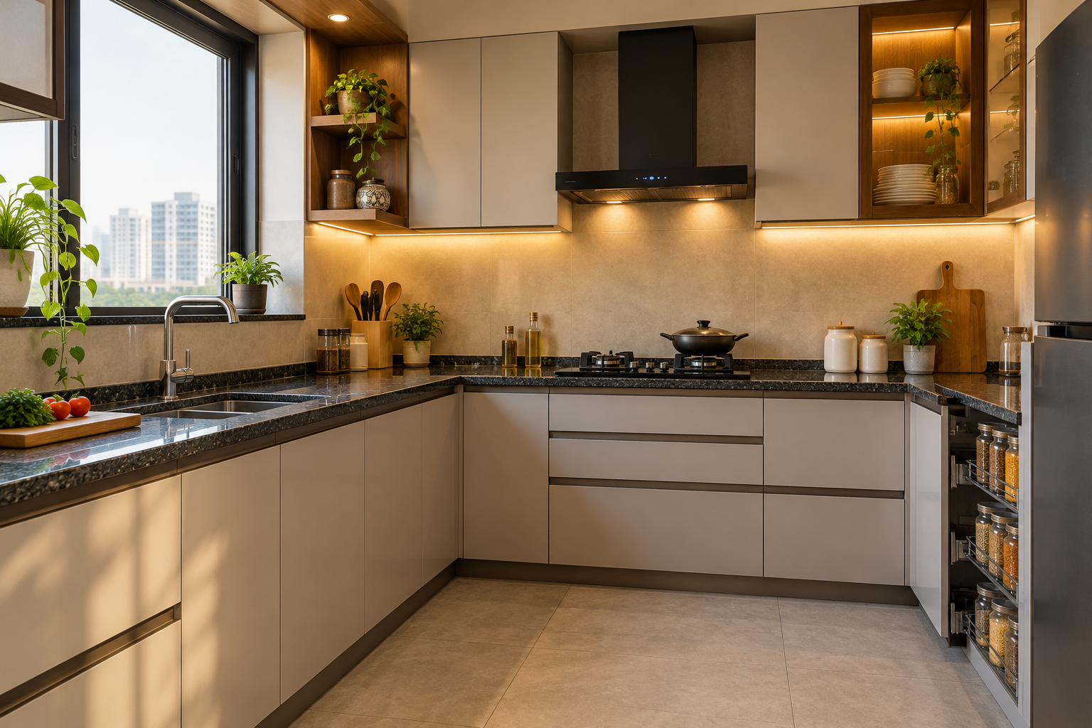 Modern mid-range modular kitchen in an Indian apartment