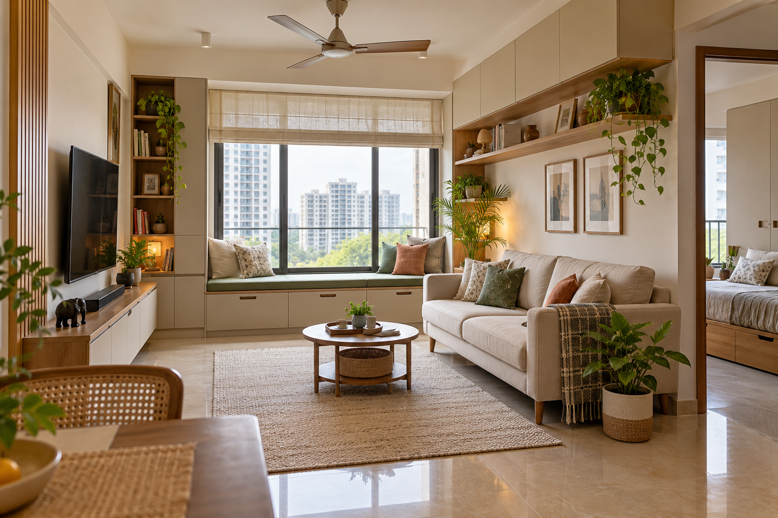 Smart storage solutions in a compact Indian 2BHK living room