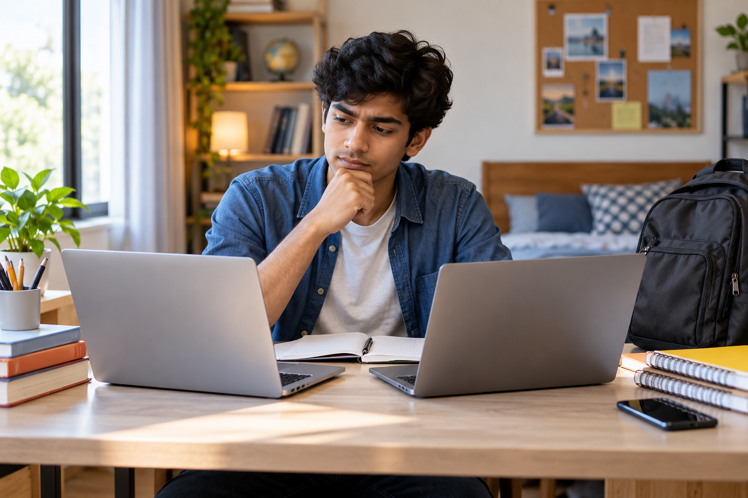 Indian student comparing laptops for study