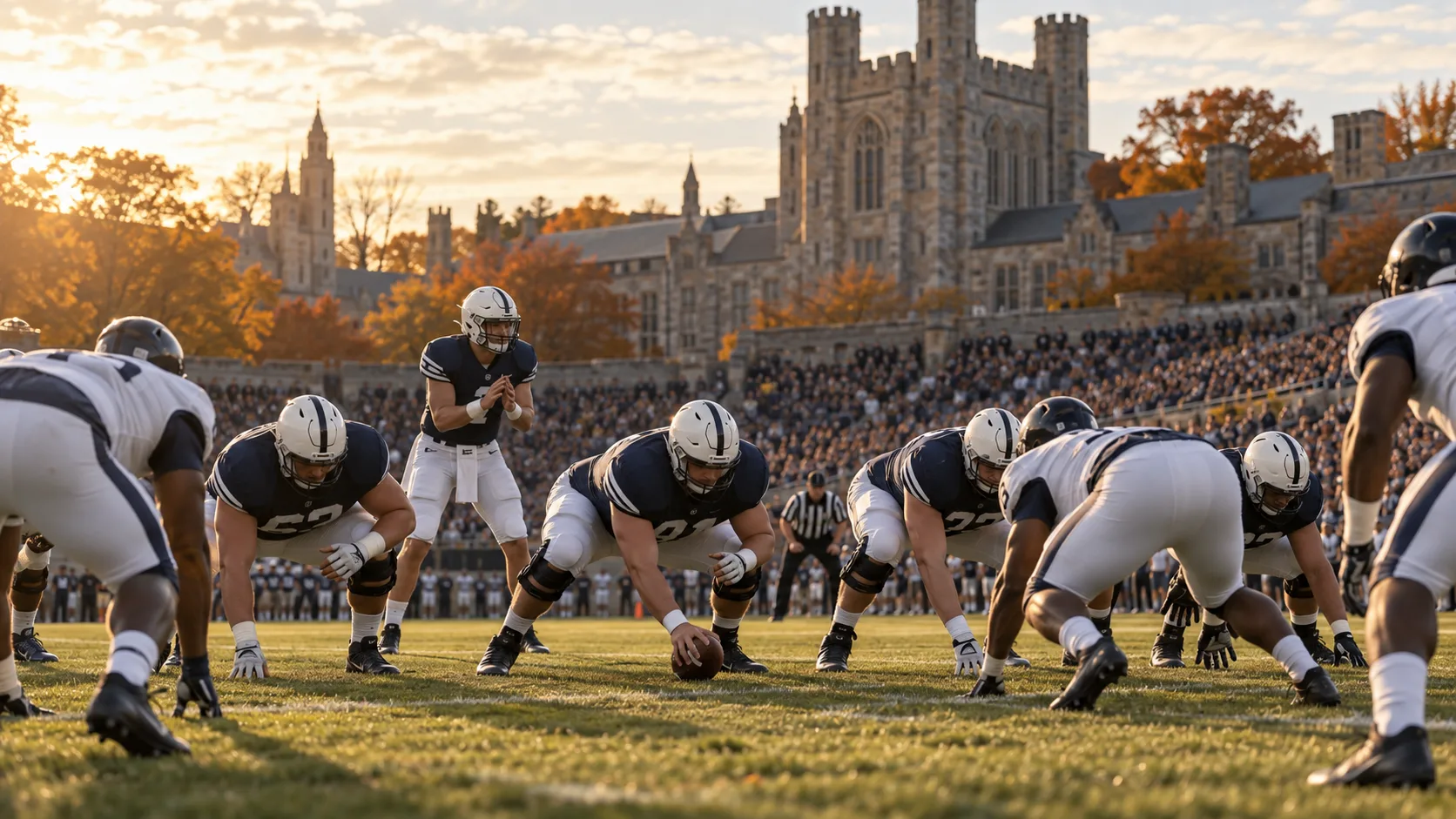 College football players at the line of scrimmage in a historic American university stadium